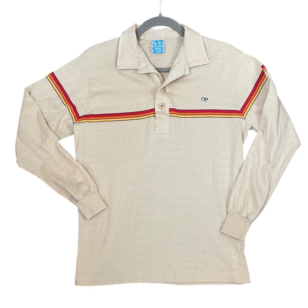 Vintage Ocean Pacific OP Long Sleeve Polo Shirt Beige Striped Mens Medium 70s 80
